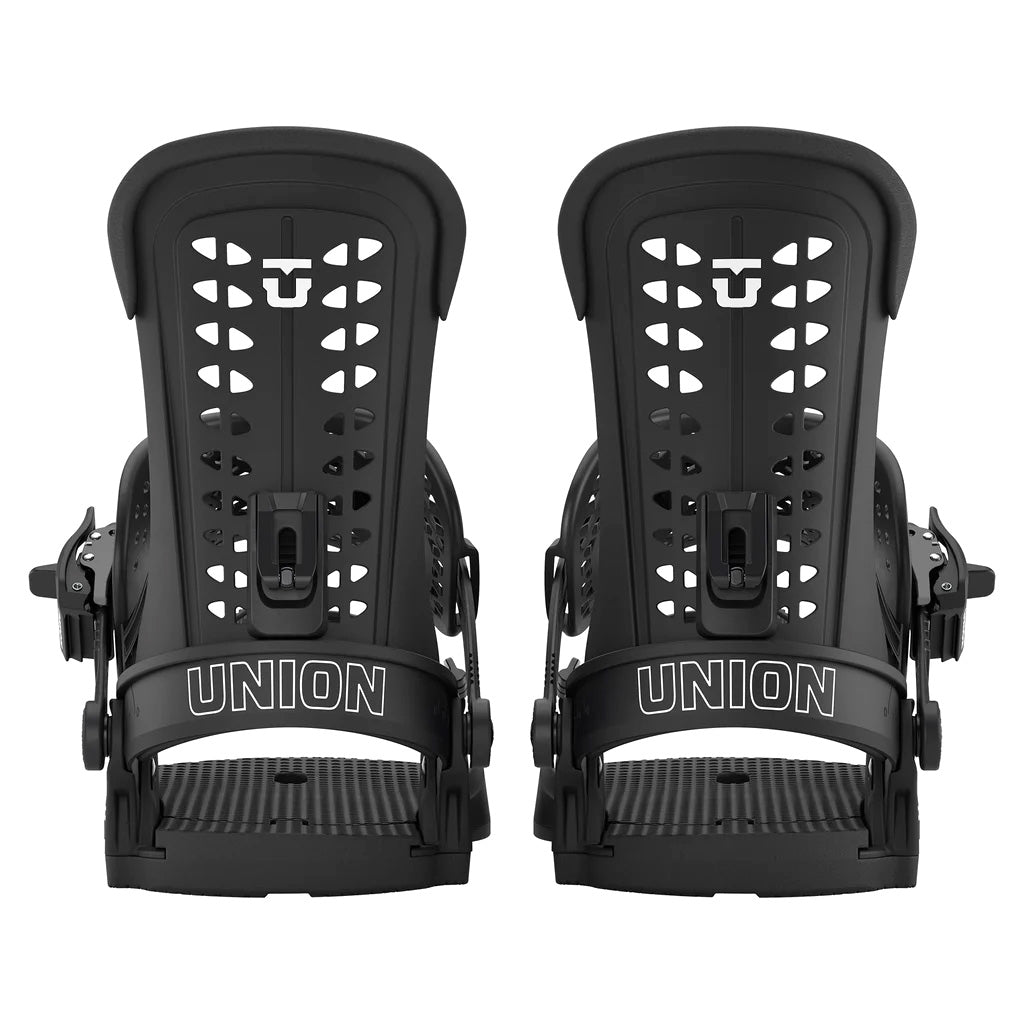 Pair of black Union Force Classic snowboard bindings back view