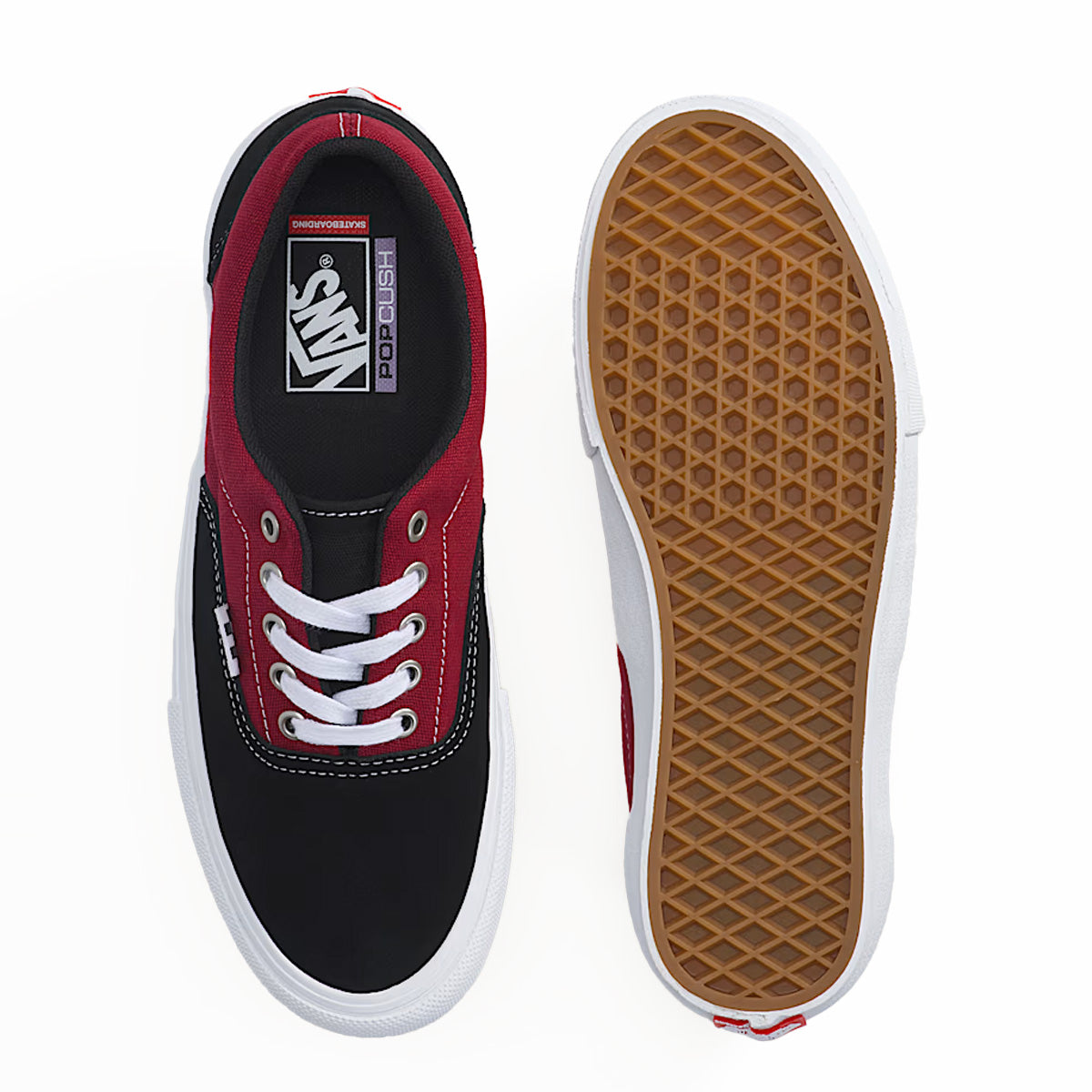Pair of dark red and black Vans skate Era shoes top and bottom view