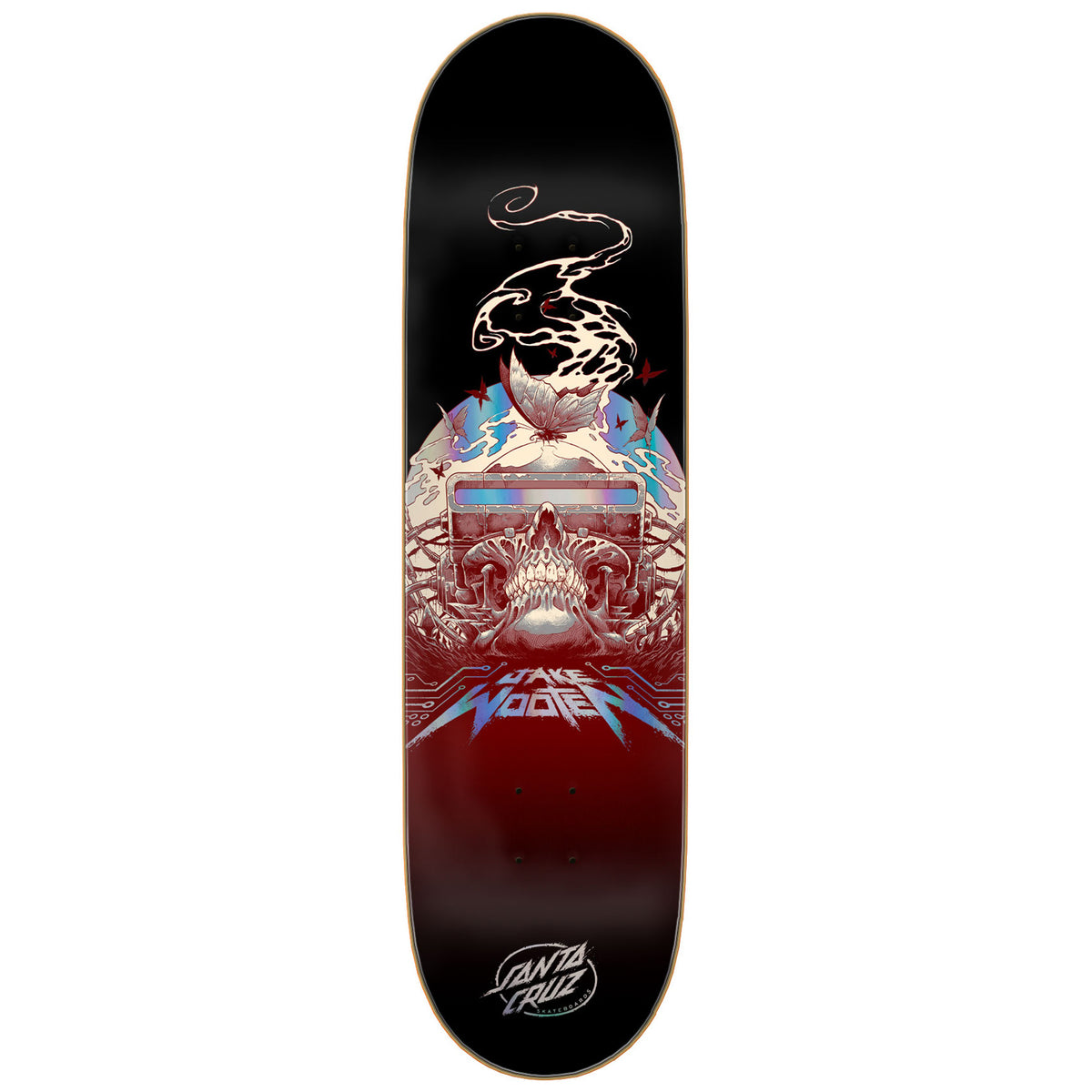 Santa Cruz Jake Wooten Cyber VX skateboard deck featuring a metal style graphic. The graphic depicts a skull with a glowing face, a snake coiled above it, and a butterfly.