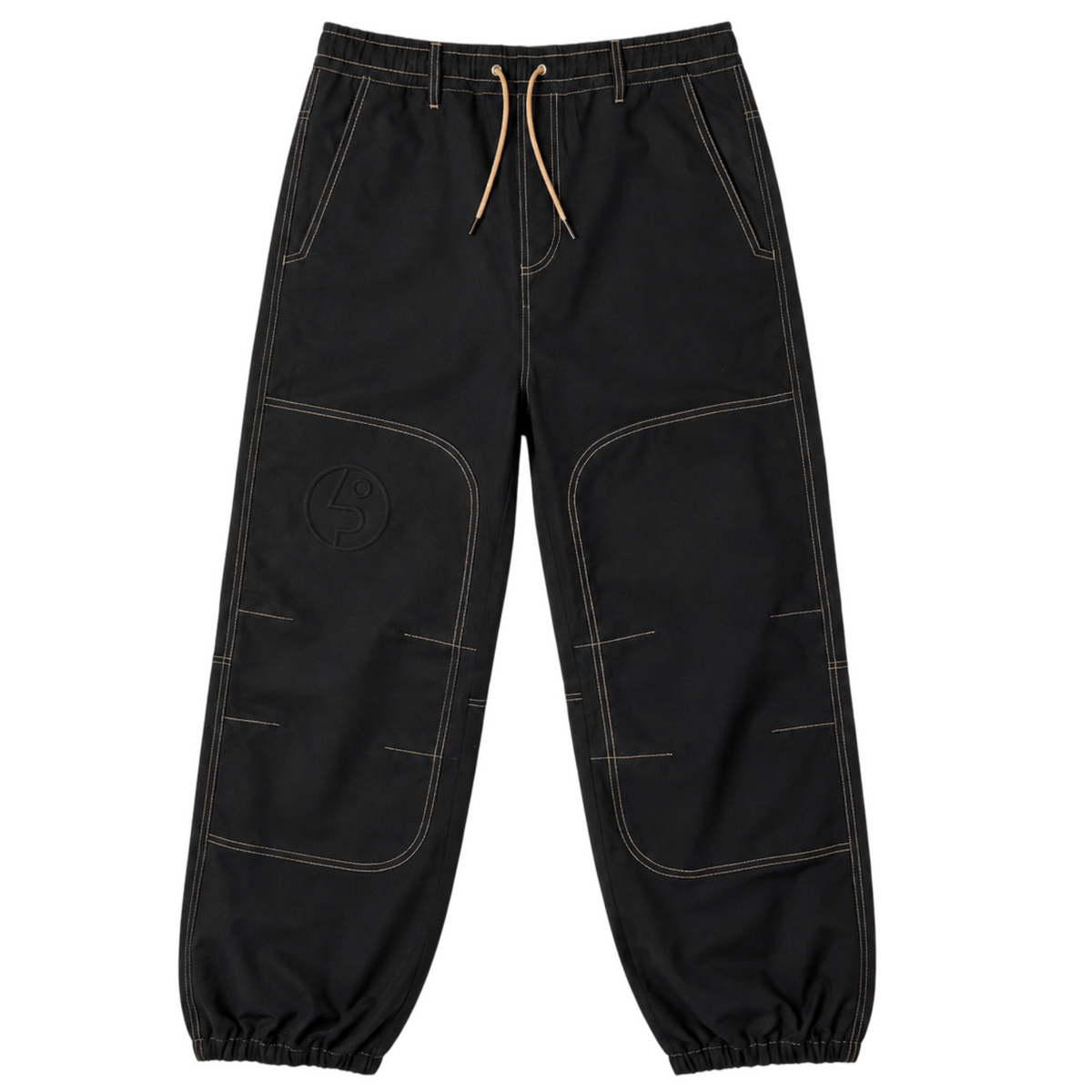 Black Public x Howl snowboard pants with contrast light beige stitching, elastic cuffs, and a beige drawstring, shown flat on a white background.