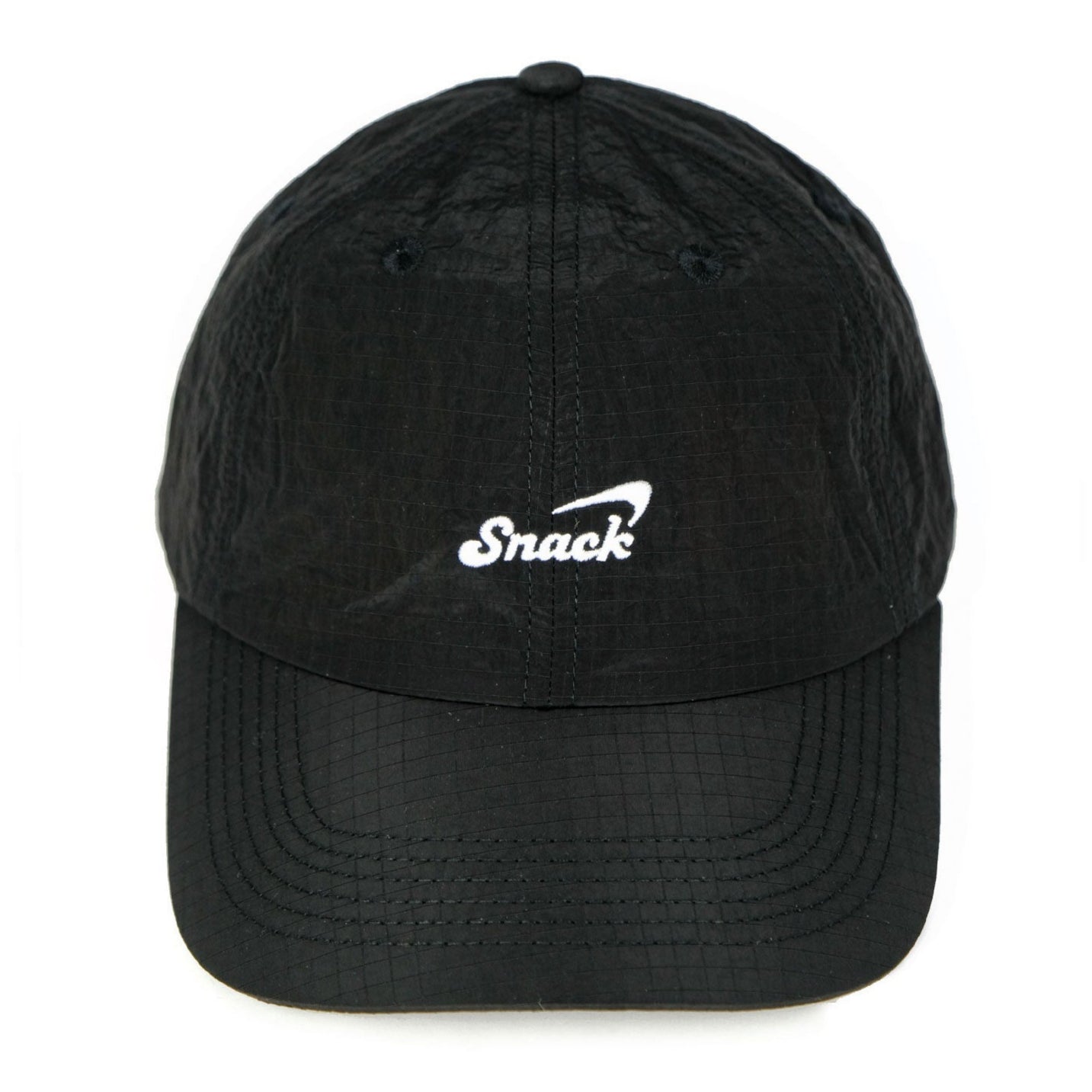 Black Nylon Snack Skateboards hat with white logo