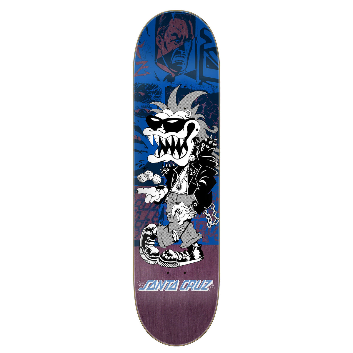 santa cruz check gremlin feelbas skatebaord deck with a punk gremlin holding dice with a purple and blue background