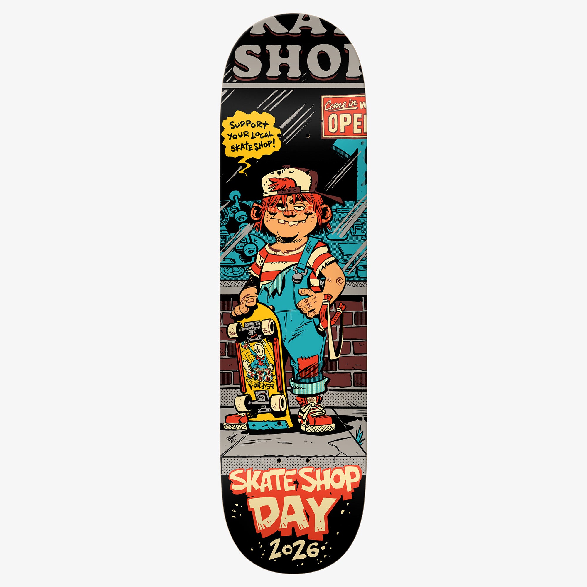 Deluxe Skate Shop Day Shop Keeper Deck 2026 red haired kid with backwards hat and jeanoverals holding a skateboard