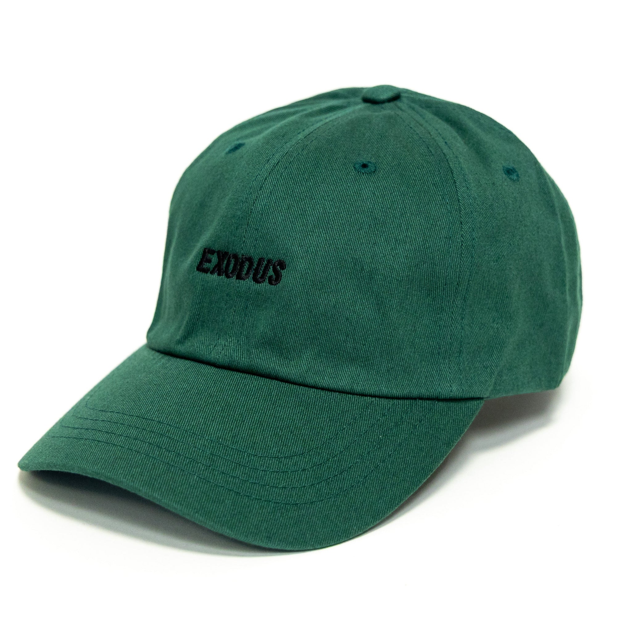 Green skateboarding dad hat with black Exodus logo embroidery