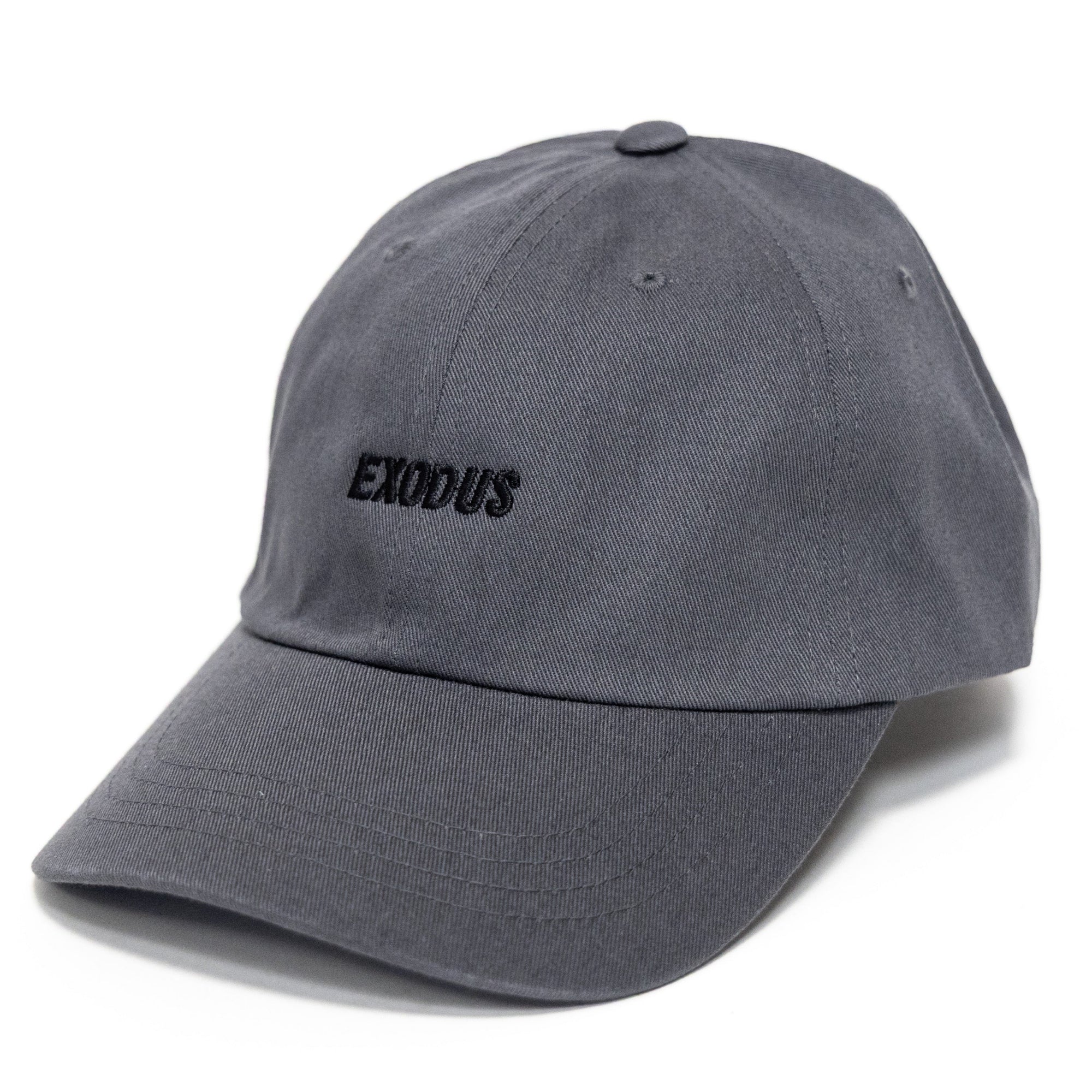 Grey skateboarding dad hat with black Exodus logo embroidery