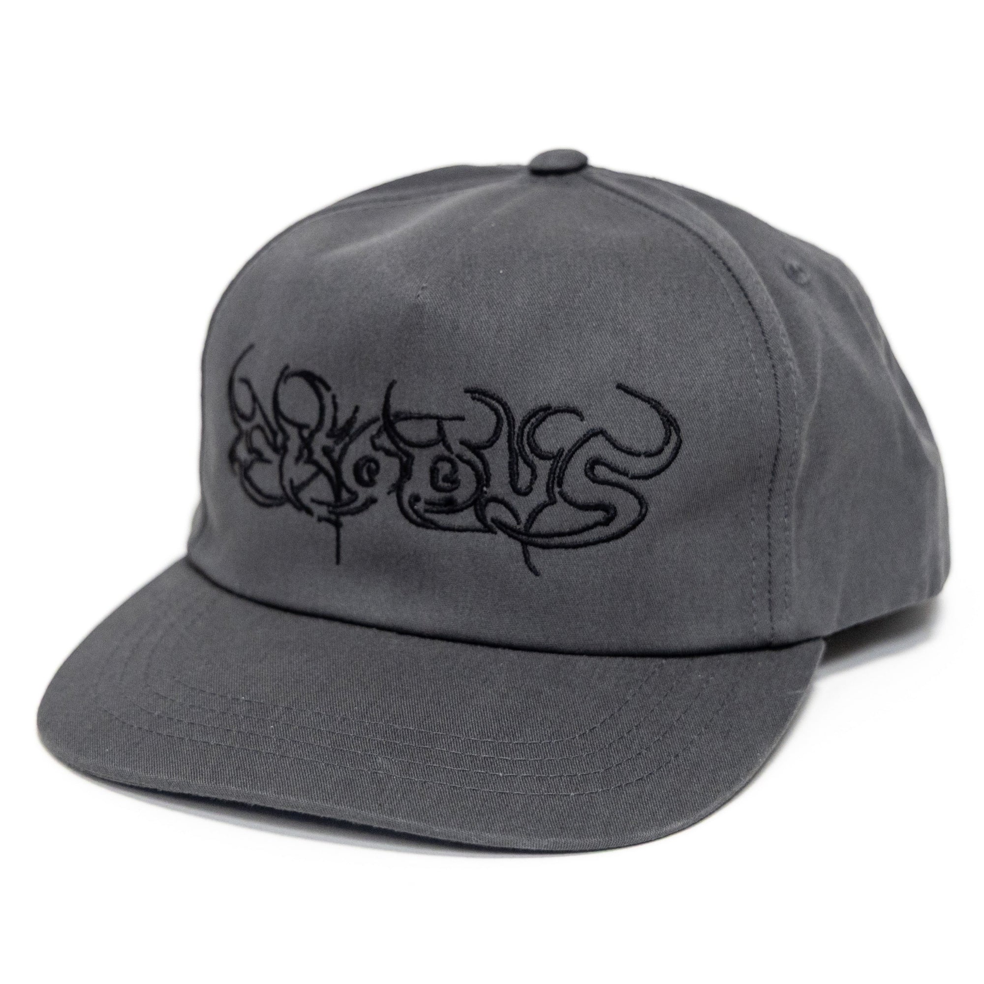 Greyskateboarding snapeback hat with black Exodus Script embroidery