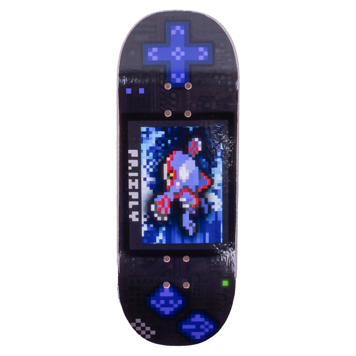 A novelty fingerboard deck printed with a retro handheld game console design, featuring a pixelated Pokemon - Kyogre on the screen and blue D-pad controls, shown against a plain white background.