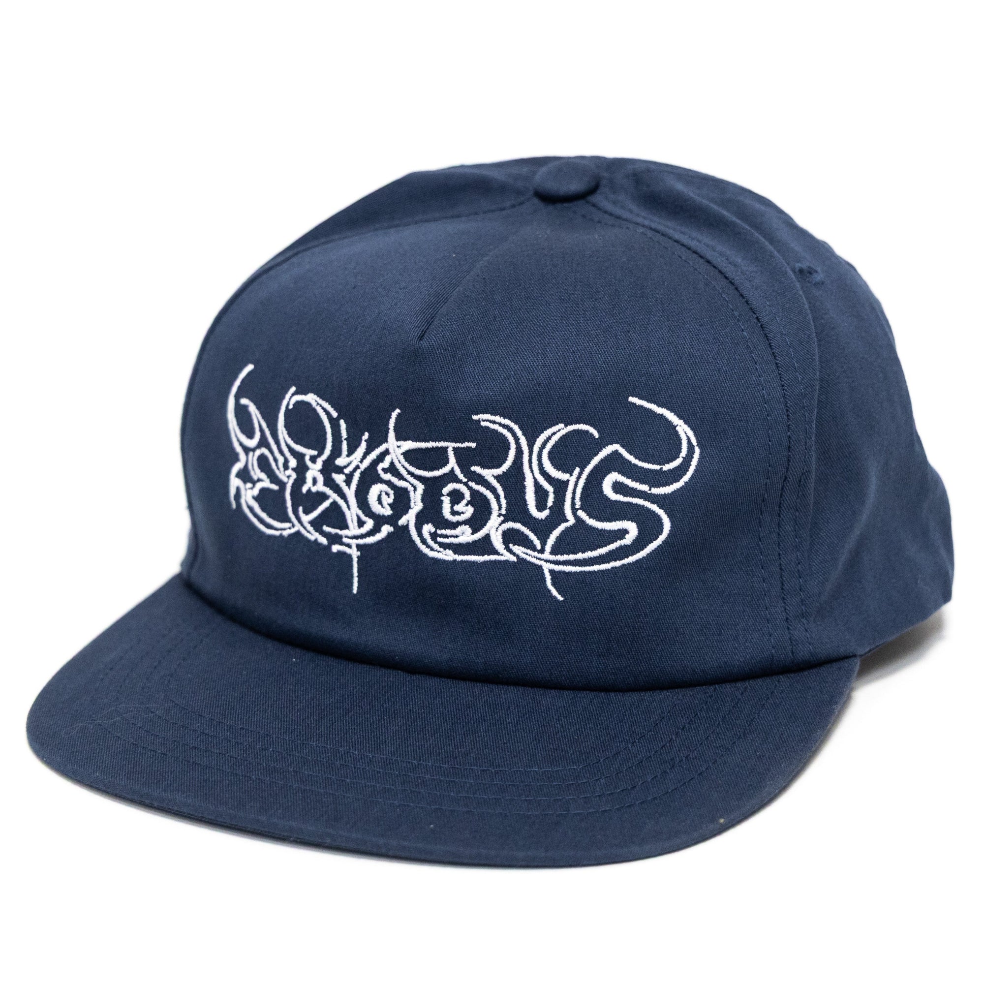 Navy skateboarding snapeback hat with white Exodus Script embroidery