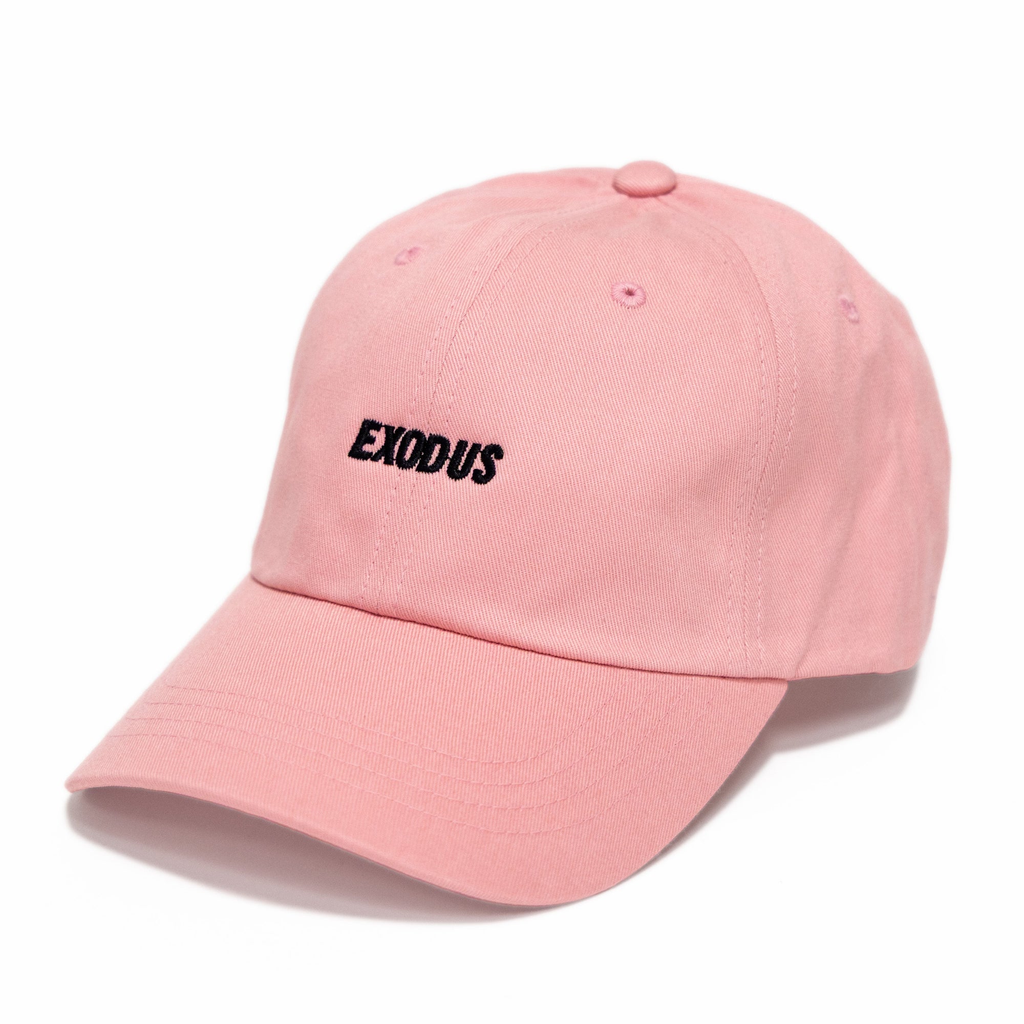 Pink skateboarding dad hat with black Exodus logo embroidery