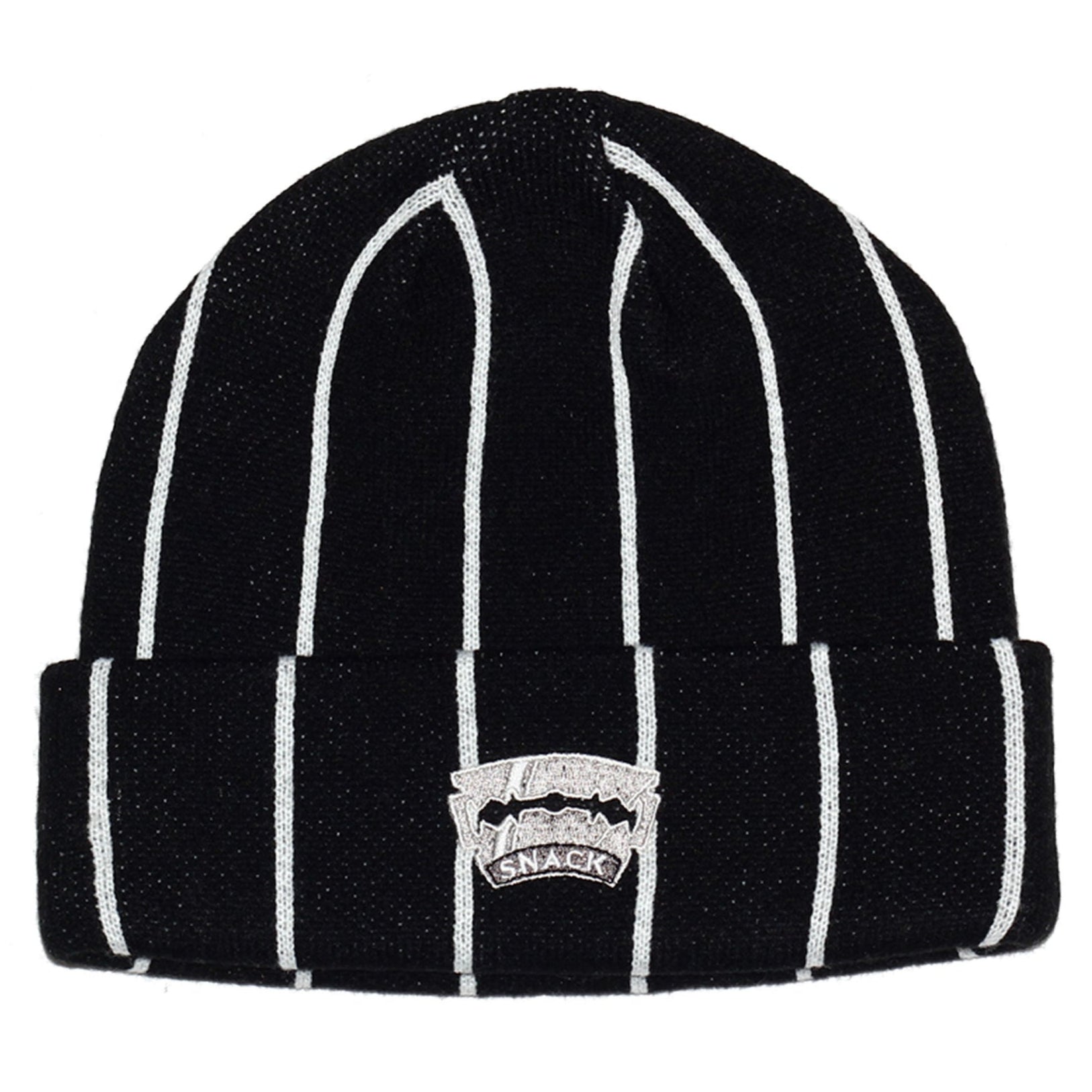 Razor Sharp black/white striped Snack Skateboards beanie with embroidered fangs logo