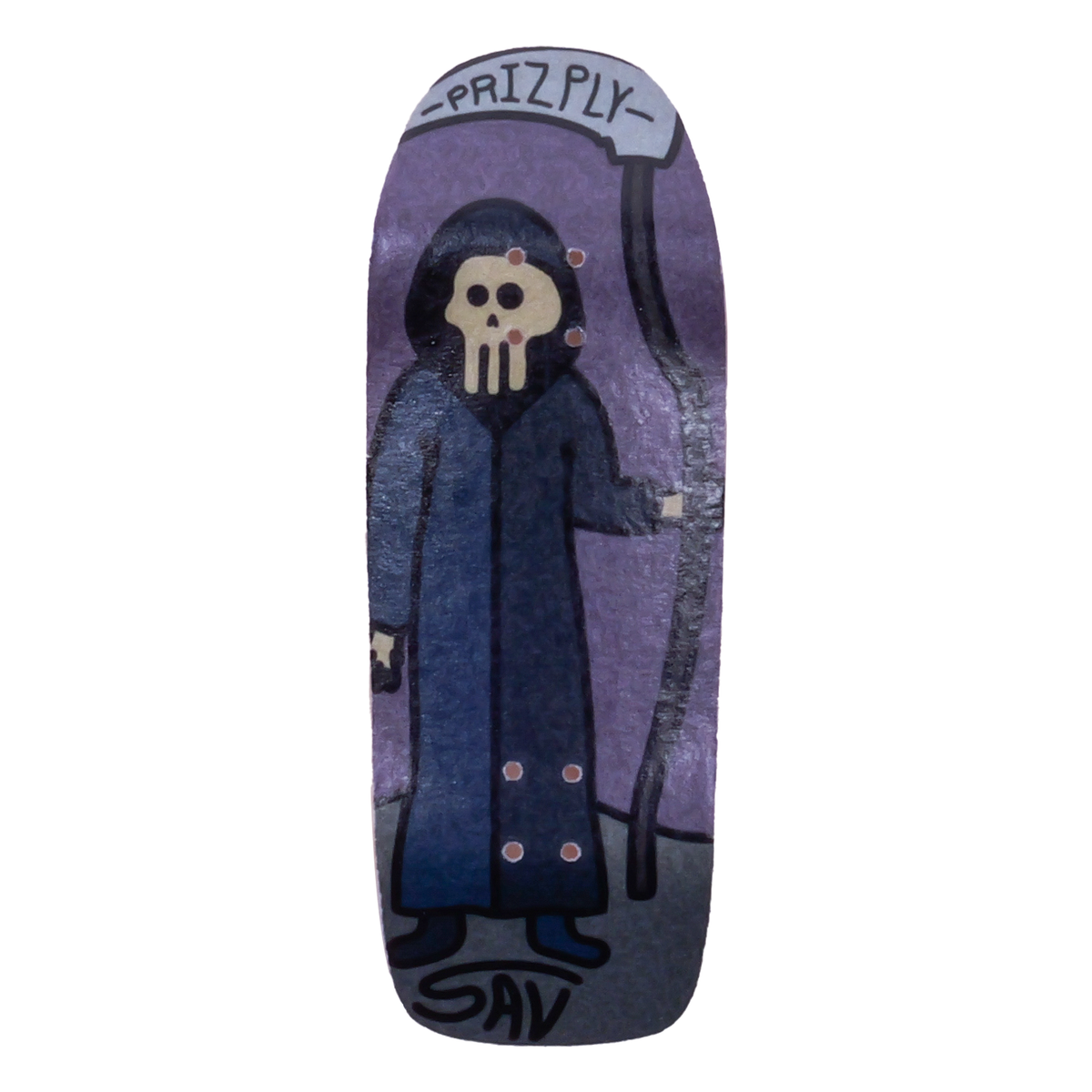 Priz Ply Sav Reaper shaped fingerboard deck with shades of purple and blue and a grim reaper holding a syth that says prizply