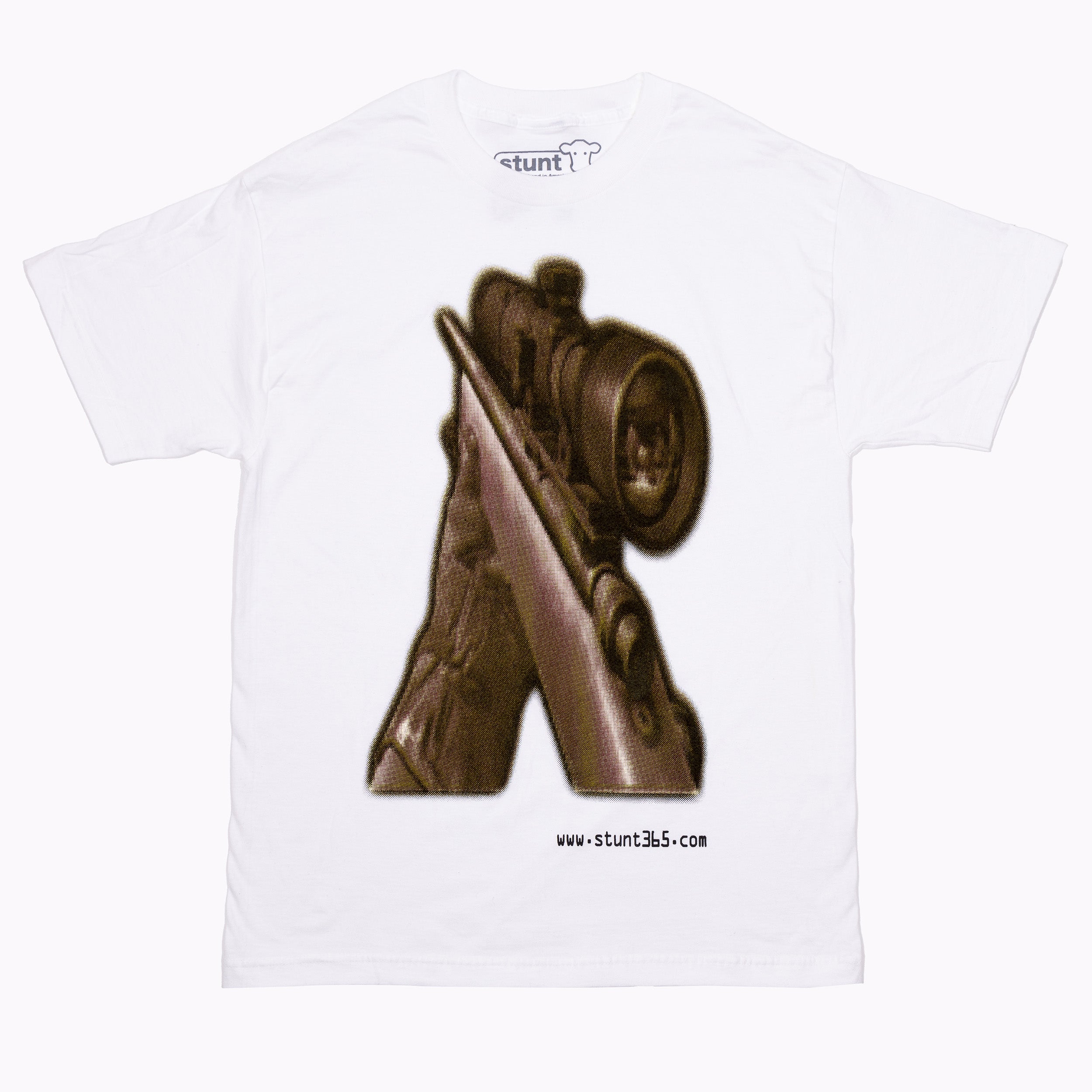 White Stunt T-shirt With CMYK Printed M-40 Scope Gun Front Graphic