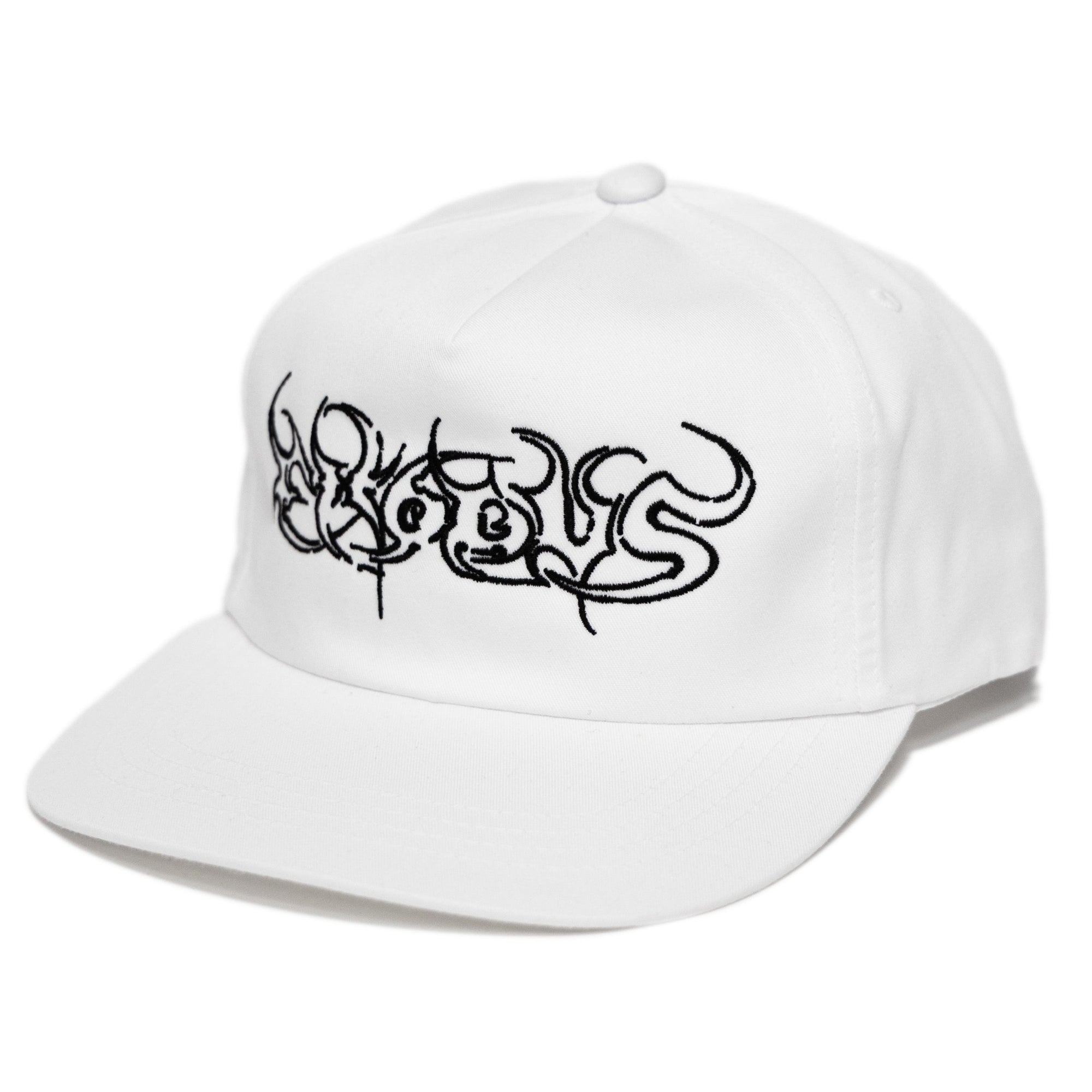 White skateboarding snapeback hat with black Exodus Script embroidery