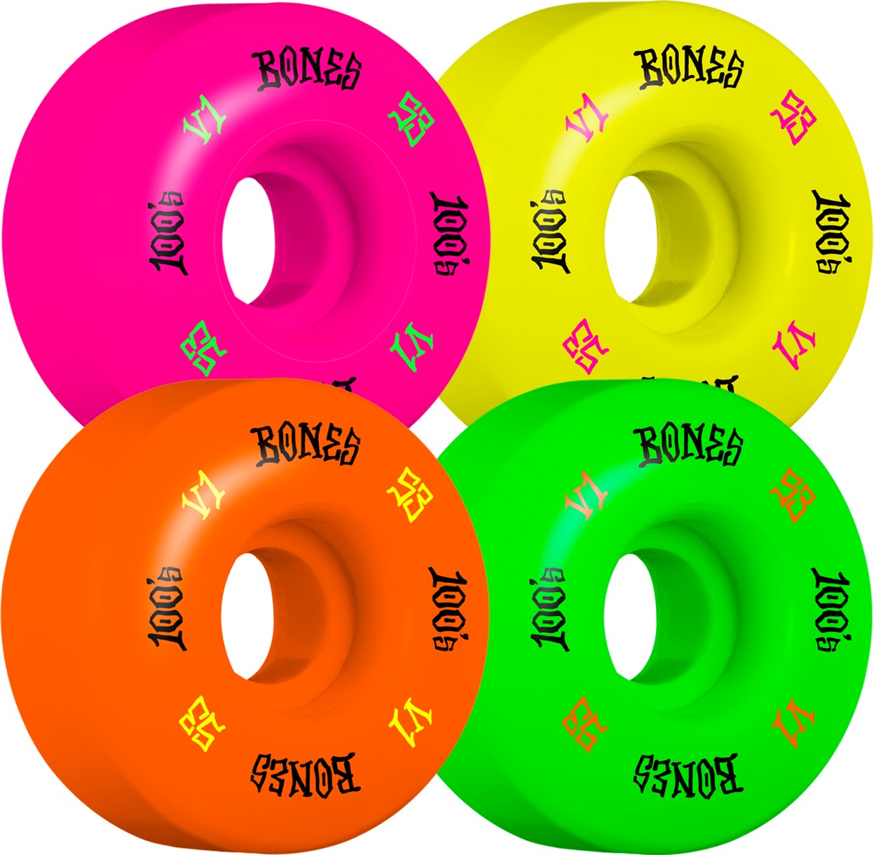 Multi colored Bones 100's Skateboard Wheels