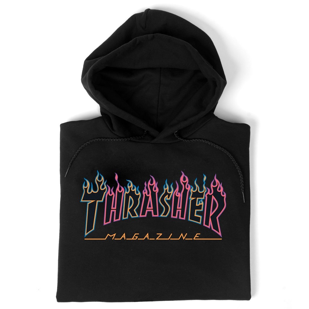 Thrasher hoodie black store and blue flames